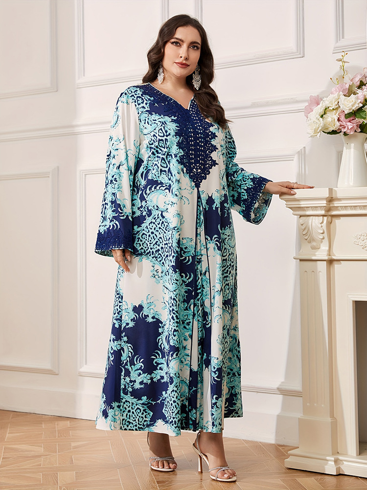 WomenS Plus Size Maxi Dress With Long Sleeve V-Neck And Floral Print